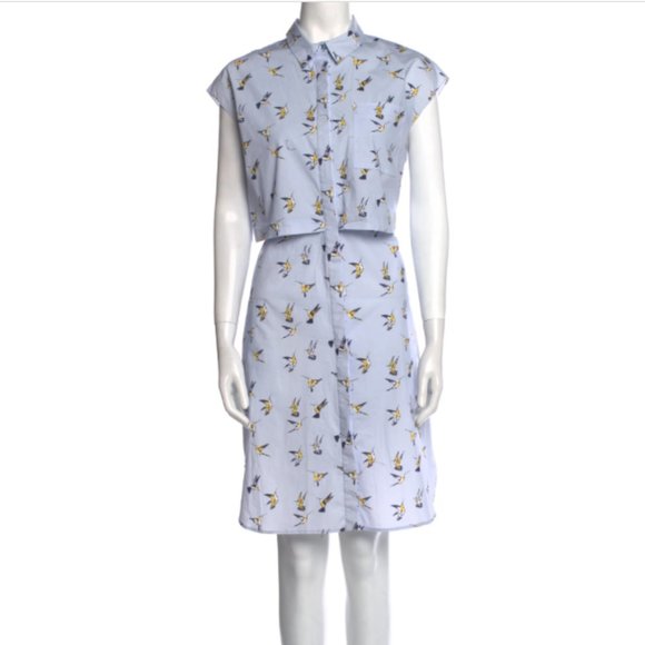 Carolina Herrera Blue Yellow Bird Printed Knee-Length Dress L 10 - Picture 1 of 3